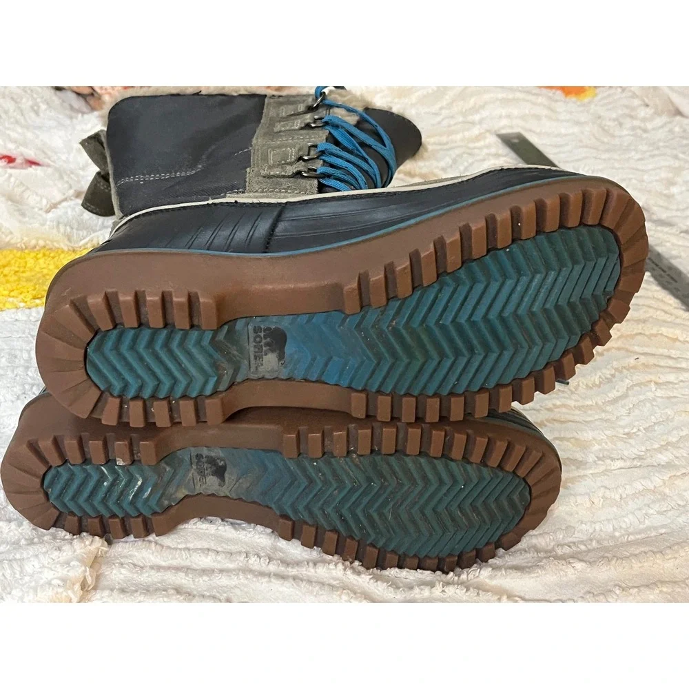 Sorel Women Tivoli High II snow boots blue laces. 7.5 Fur‎ Trim